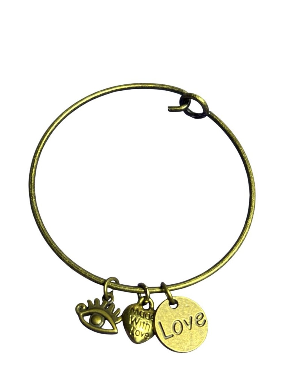 Bangle Charm Bracelet Antiqued Goldtone Love Heart Eye Made With Love